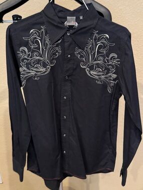 Black Embroidered Long-Sleeve Button-Down Shirt